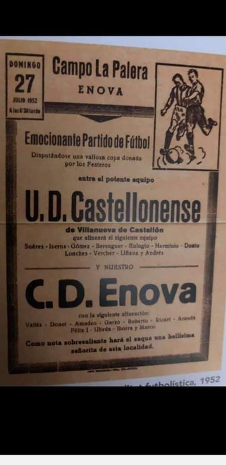 UDECastello's tweet image. 🗣️ Cartell de l'any 1952 en un enfrontament entre el CD Enova i el @CastellonenseUD en el camp de la Palera en el trofeu dels festers d'Enova.
@golsmediasports @JosemiJose6 @pla_caldes @Ianitorodri2 @GomisinECDL @Cristian_AA81 @futbolretroes @castellonoti @VicentSC83 
◻️◼️◻️◼️