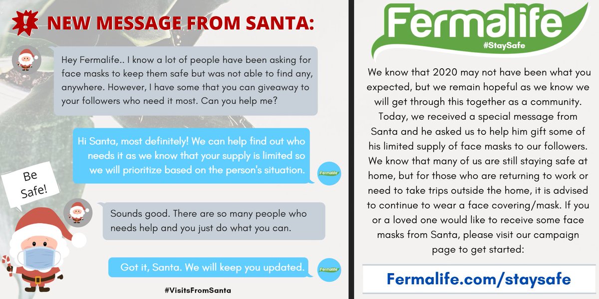fermalife's tweet photo. 💬✨We received a surprise message from Santa! Please read the image below &amp; if you or a loved one would like to receive some face masks from Santa, please get started here: https://t.co/0ea4T1MuGe 🎅 #StaySafe https://t.co/2jN5ZXAb9I