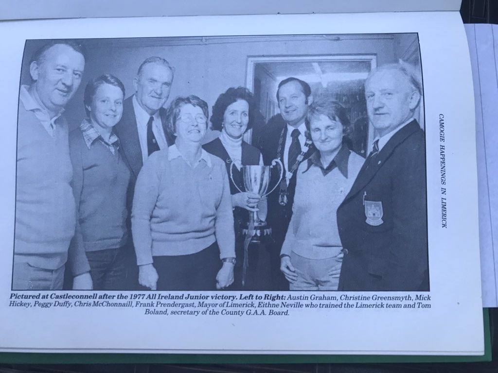 AhaneCamogie's tweet photo. Today’s photos from history! 

Picture one was taken in Castleconnell after the 1977 All Ireland Junior win 🎉

Picture two is an action shot of Pauline McCarthy scoring a goal in the All Ireland Junior final in 1977 👏🏻 something Pauline did on a regular basis for the club 💪🏻💚💛 https://t.co/X6Szd9wFUW