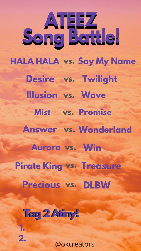 OKCreator's tweet photo. Atiny! If you’re looking for something to do, here’s an Ateez song battle for you all. Tag us if you fill it out! 😊
#ATEEZ #atiny #okcreators #kpop https://t.co/46KoXfIBkE