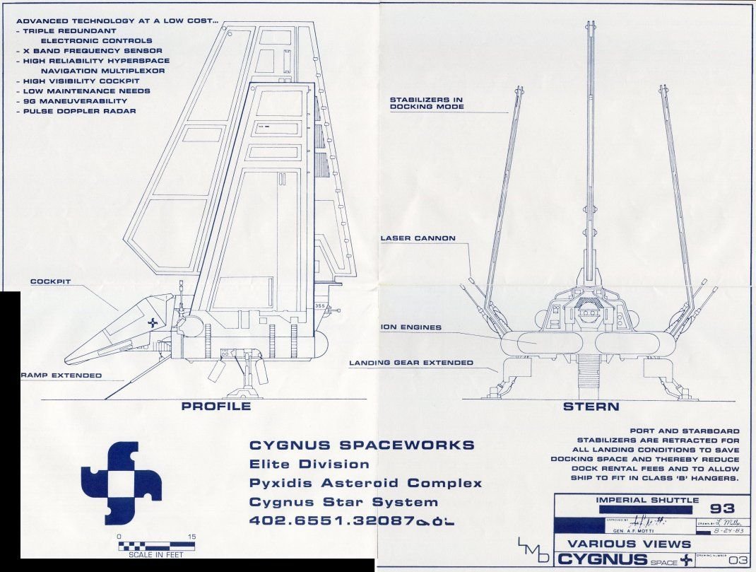 The shuttle is, like all other shuttles named after Greek letters, a product of Sienar Fleet Systems and Cygnus Spaceworks.Did you know that Cygnus originated as fanon? They were first named in some old very-well-made blueprints for the Lambda shuttle.