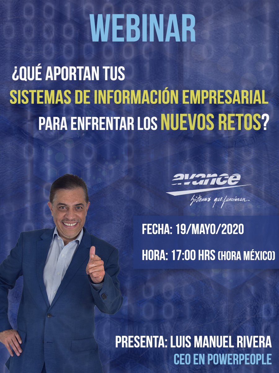 AvanceSistemas's tweet photo. No dejes de inscribirte ¡totalmente gratis! a nuestro primer #webinar impartido por @lmanuelr.
Hazlo ahora ➡️ https://t.co/HwTIsLbMQJ
#AvanceSistemas #PowerPeople #ERP #Hoteles #Empresas #Negocios #Pymes #Sistemas #Cloud #Nube #11Mayo #empresarios #eSASA #Front2Go #IsiNet https://t.co/JYzLsMeG92