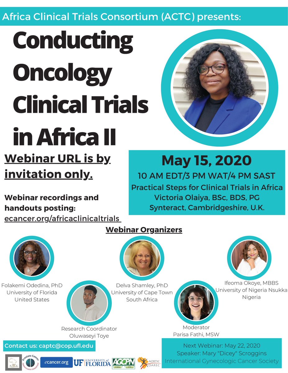 Next speaker for ACTC #ClinicalTrialsAfrica is <a href="/MGHSOGA/">Mghsoga</a> Victoria Olaiya on May 15. Join live by invitation ONLY. To access the video, go to ecancer.org/africaclinical…. Thanks to our partners <a href="/ecancer/">ecancer</a> , <a href="/AORTIC_AFRICA/">AORTIC</a> , <a href="/CaPTC7/">CaPTC</a> , <a href="/UFPharmacy/">UF Pharmacy</a> and <a href="/agcpng/">AGCPN</a> . 
#AfricaIsRising