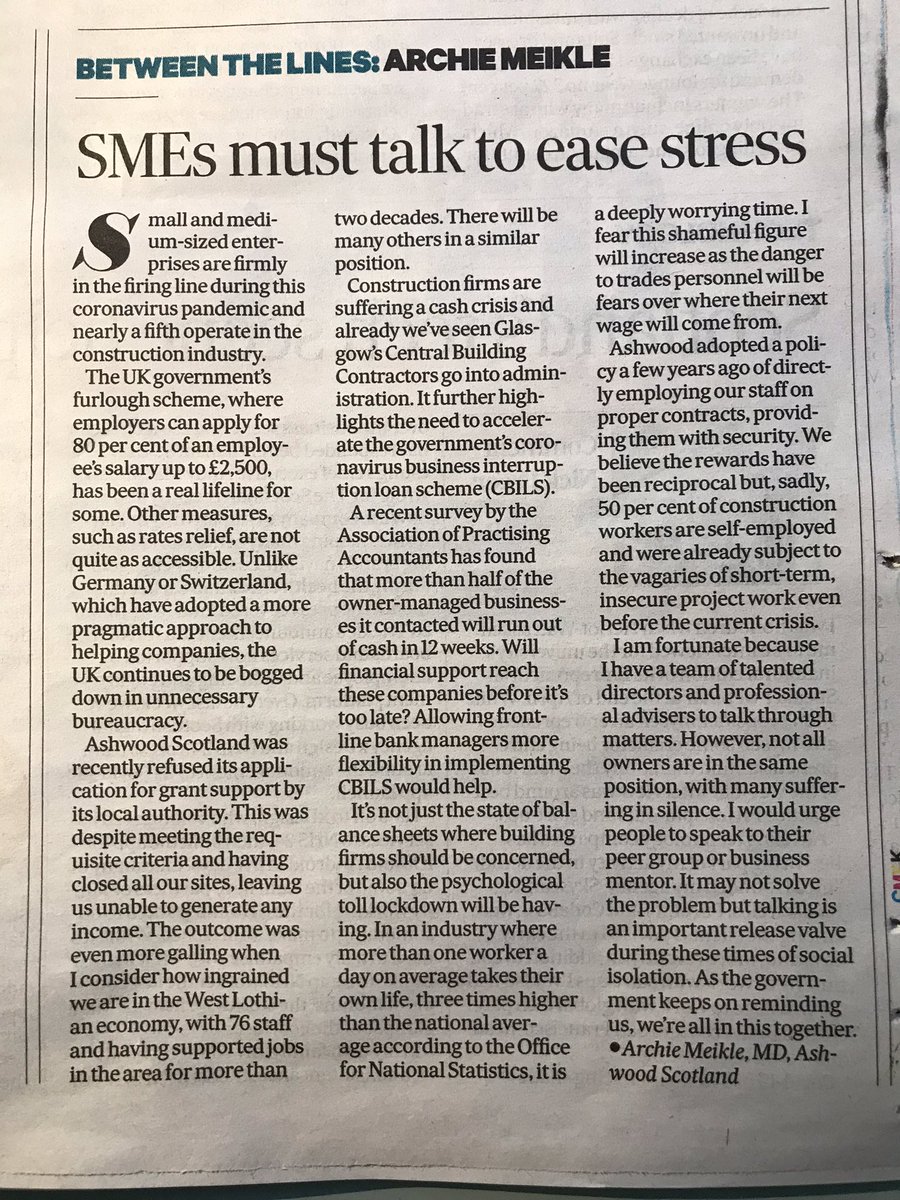 Following his interview with <a href="/BBCAndrewBlack/">Andrew Black</a> on Good Morning Scotland last week, Ashwood Scotland’s Archie Meikle features in today’s Between the Lines column in today’s <a href="/scot_business/">Scotsman Business</a> page. #buyapaper #construction #COVID19