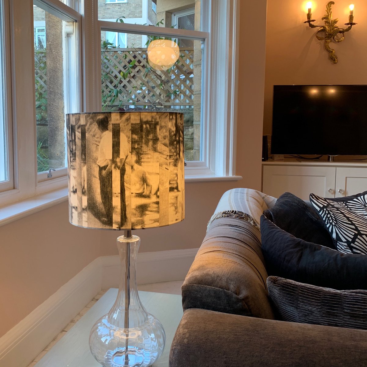Our linen ‘Between Certainty and Oblivion’ lampshade at the beautiful home of <a href="/SilsonArt/">Silson Contemporary</a> themonkeypuzzletree.com/products/betwe…