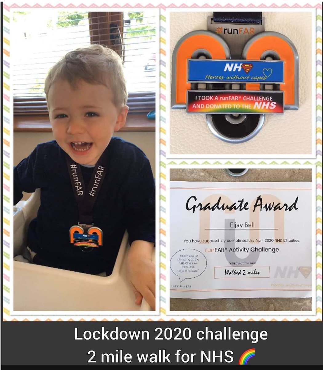 runFAR_Events's tweet photo. Hands together please for our youngest challenger yet! This is 2 year old Eljay who walked 2 miles to complete the #NHS Activity Challenge. Thank you Mum (Lisa) for letting us post this picture. You must be very proud! Team #runFAR are so grateful for your support.💙 #nhscharity https://t.co/t3M3T5Ufs9