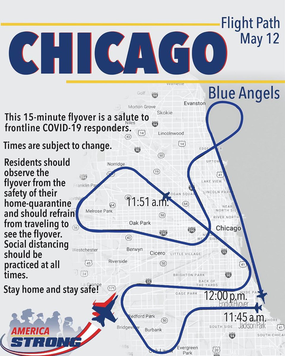 Look to the sky at 11:45 a.m. tomorrow morning to see the U.S Navy <a href="/BlueAngels/">Blue Angels</a> soar over #Chicago, saluting frontline COVID-19 responders. ✈️🇺🇸 

#AmericaStrong
#InThisTogether
#HealthCareHeroes
-- 
📸: <a href="/BlueAngels/">Blue Angels</a>