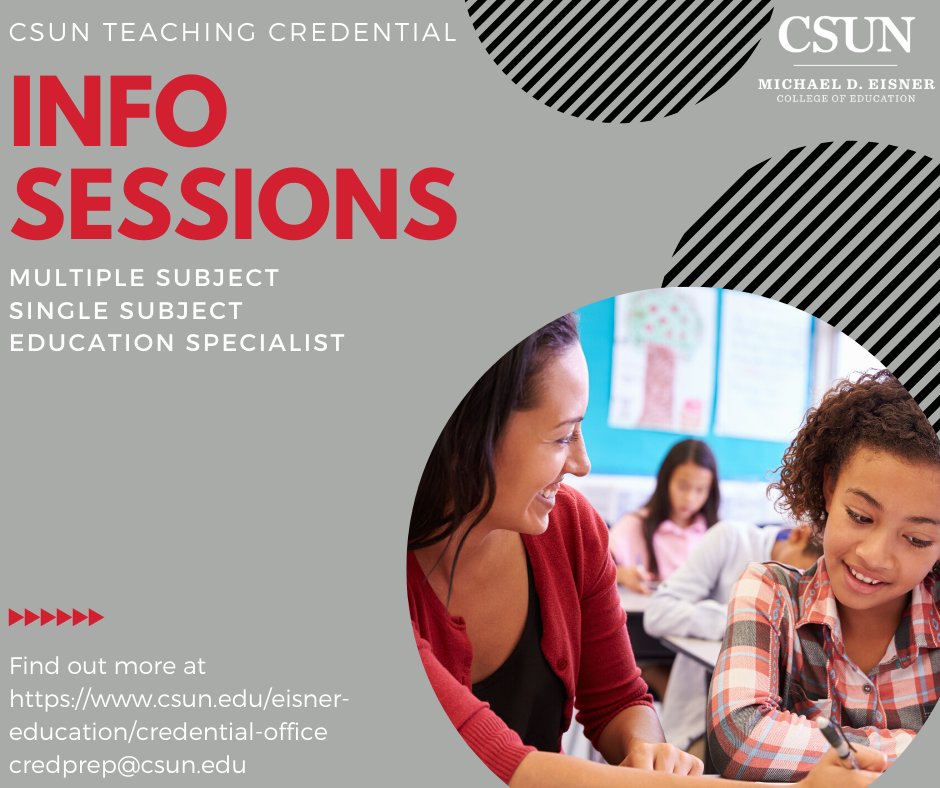 EisnerEducation's tweet photo. Interested in teaching? Find out how at our virtual Info Sessions! https://t.co/UrLyQRcIhp…/credential-offi…/information-sessions #CSUNTeachingCredential #TeachingInspires https://t.co/v1qR7gujs9
