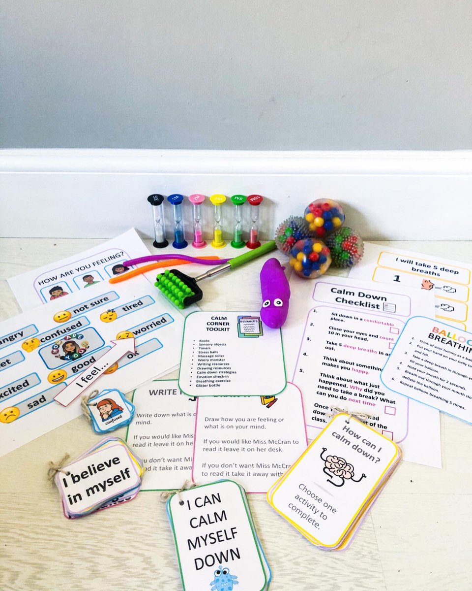 miss_mccran's tweet photo. Calm Corner Toolkit🧠💭 I made this toolkit to support pupils regulate their emotions in a calm and comfortable corner of the classroom. The toolkit includes sensory toys, massage rollers, timers, mindfulness activities, breathing exercises and positive affirmations😊 https://t.co/oy566lVOU5