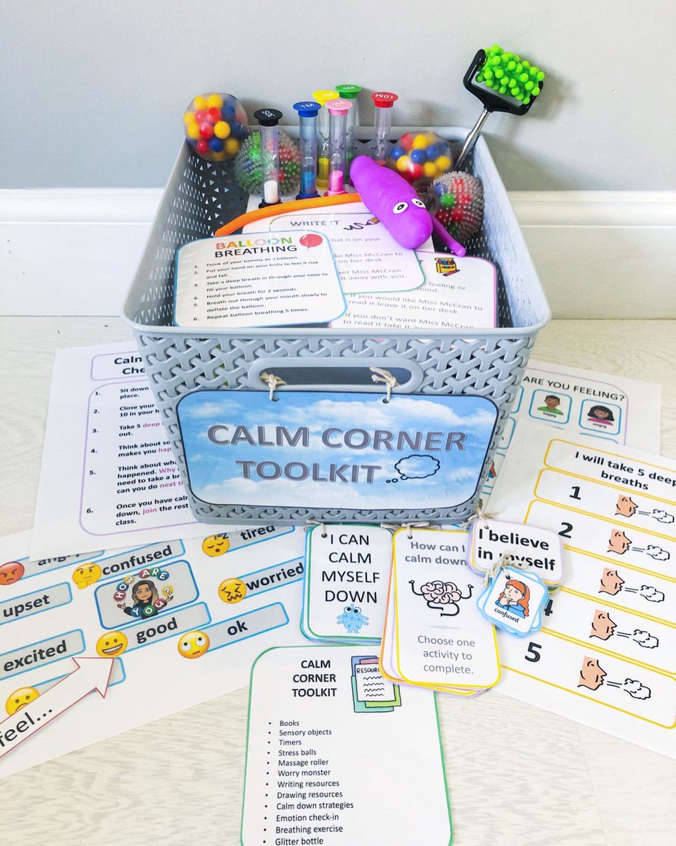 miss_mccran's tweet photo. Calm Corner Toolkit🧠💭 I made this toolkit to support pupils regulate their emotions in a calm and comfortable corner of the classroom. The toolkit includes sensory toys, massage rollers, timers, mindfulness activities, breathing exercises and positive affirmations😊 https://t.co/oy566lVOU5