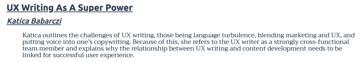 KaticaBabarczi's tweet photo. My old article highlighted among the resources 😍 of #uxwriter conf 🤩
👉https://t.co/5YyNXbf0ZG https://t.co/IE0NO6YO2g