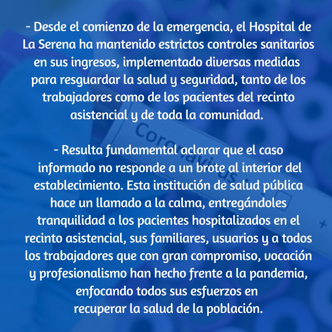 HospitalSerena's tweet photo. [🏥ÚLTIMO MINUTO⌚] 📣En relación a las declaraciones emitidas en el último balance regional de COVID-19, donde se comunicó que un funcionario del Hospital de La Serena dio positivo en el examen de Coronavirus, informamos lo siguiente☝️📄LOS DETALLES EN📲https://t.co/qptfIMjLIA https://t.co/BBbh9WXdNi