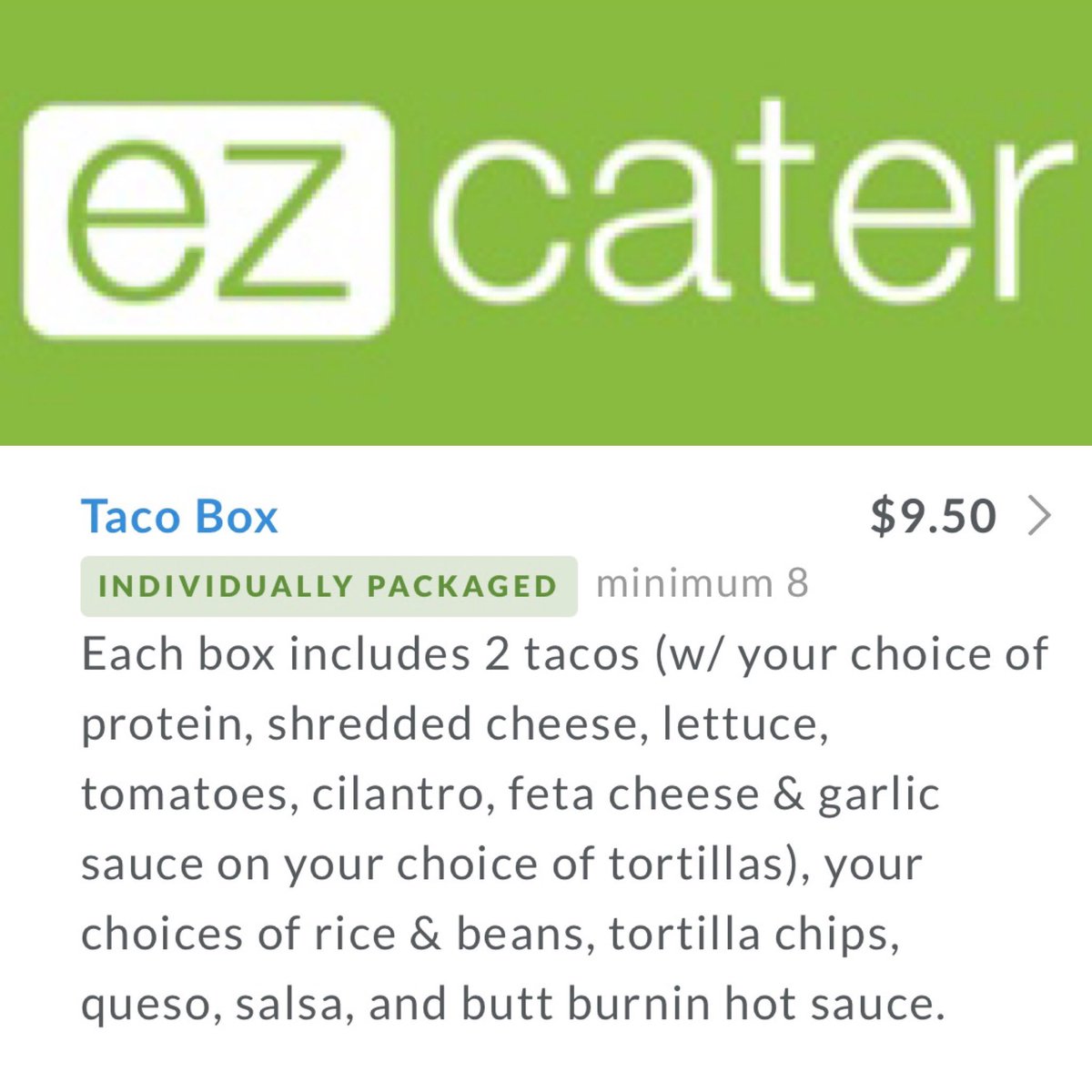 fuzzysleaguecty's tweet photo. Looking for an easy and safe way to feed the office? Look us up on https://t.co/46ZrdcRHDB! We’ve got new Taco Box options that are individualized and great to feed the crew! #ezcater #fuzzystacoshop #fuzzyshouston #leaguecity https://t.co/O7GtB7GDJ0