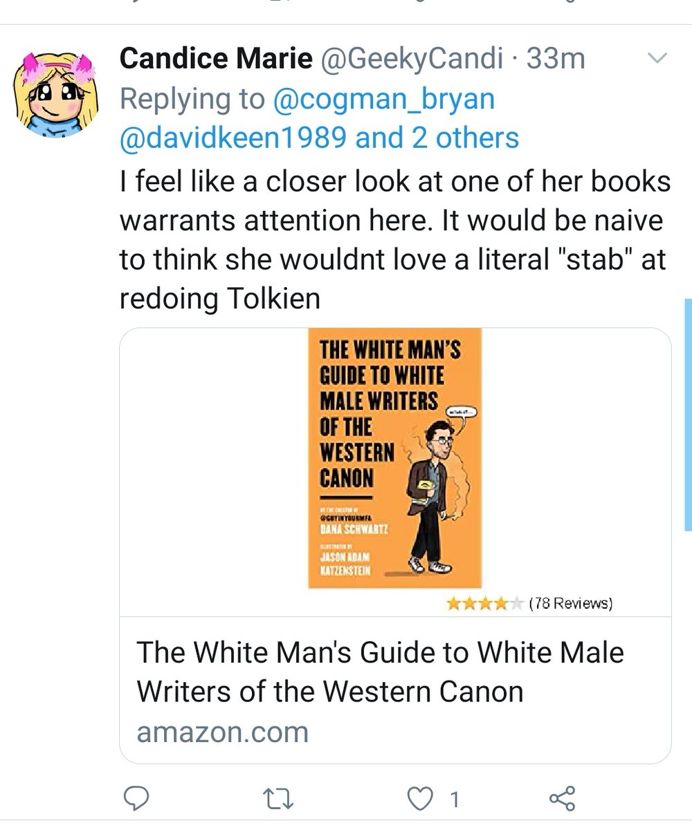 GeekyCandi's tweet photo. @FilipOrvik @mupchu777 @LOTRonPrime @Nerdrotics @heelvsbabyface @DDayCobra @GeeksGamersCom @doomcock She has a book dedicated to white men and western canon lol https://t.co/r5ppfrCzXP