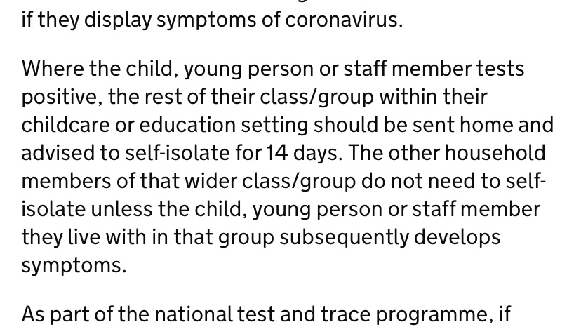 jon_hutchinson_'s tweet photo. This is a fairly consequential para in school guidance, especially as testing becomes more available/commonplace:

Where a child or staff member tests positive, the rest of the class will need to self isolate for 14 days. 

It’s going to be a muddle for a good while longer yet. https://t.co/lIqe4Y6390