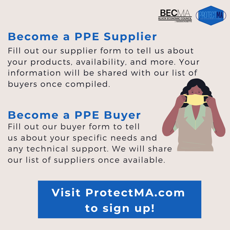 BECMAinc's tweet photo. Today, we're excited to announce the launch of #ProtectMA - an online marketplace that connects Black and Latinx suppliers of #PPE to potential buyers in the business and residential communities. Get your business covered today by visiting https://t.co/9X2VuplfbD.
#COVID19 https://t.co/4KTcnYcSVF