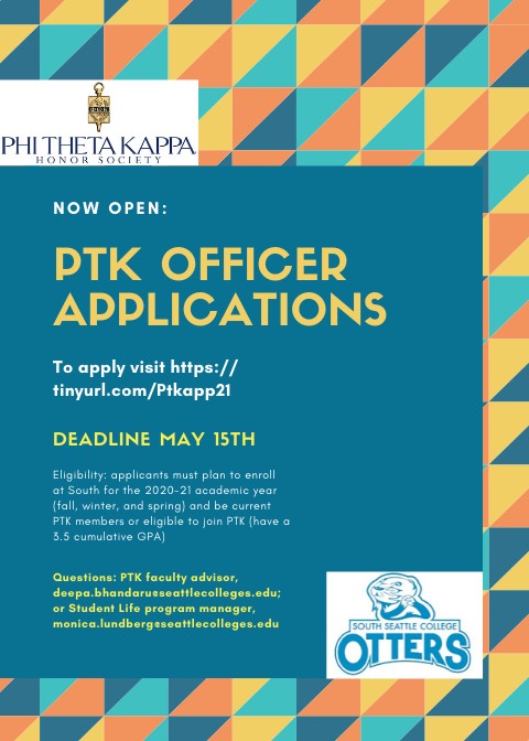 SouthSeattleCC's tweet photo. Phi Theta Kappa Honor Society is looking to fill two PAID officer positions for 2020-21. If you’re a current member and planning to be enrolled at South next year, you should apply! Accepting applications until this Friday (5/15) at 5pm. #PTK 

APPLY: https://t.co/nNp6plQMOh https://t.co/mFKcPsNzaP