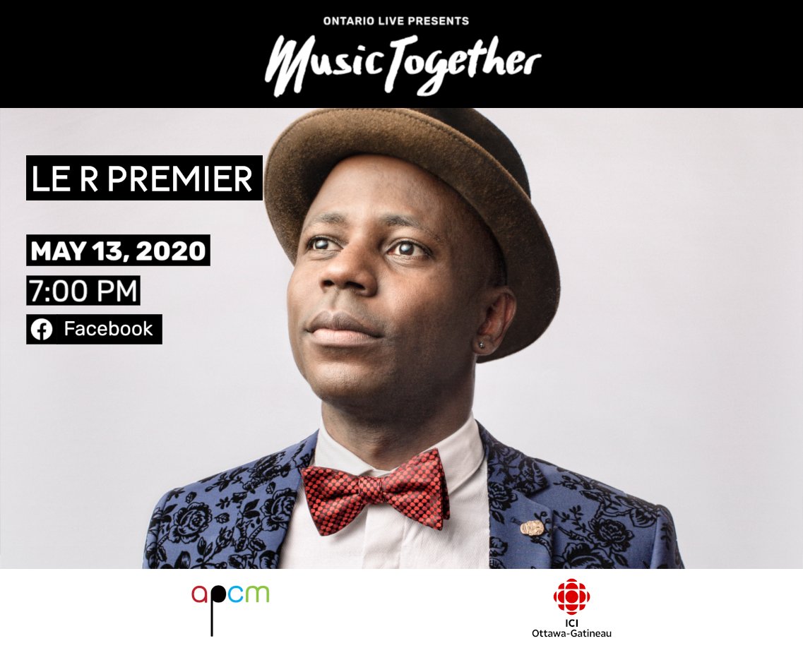🎤 <a href="/lerpremier/">Le R Premier</a> en concert live web-diffusion dans le cadre de Music Together
⠀
ℹ️ Infos
🗓 13 Mai 2020
🕰 19:00 Heure de l'Est (23:00 GMT)
📍 facebook.com/lerpremier
🎪 Depuis chez-vous
⠀
Ne manquez pas !
⠀
Merci à <a href="/MusicTogetherON/">Music Together ON</a> ainsi qu'à <a href="/APCMmusique/">APCM</a> et <a href="/iciottgat/">ICI Ottawa Gatineau</a>