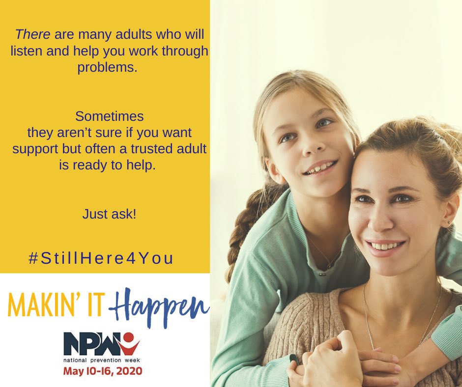 MakinitHappenGM's tweet photo. There are many adults who will listen and help you work through problems. Sometimes they aren’t sure if you want support but often a trusted adult is ready to help. Just ask! #NationalPreventionWeek2020 #PreventingPrescriptionDrugandOpioidMisuse #StillHere4U  #NPW2020 https://t.co/Y2z3UKyS6h