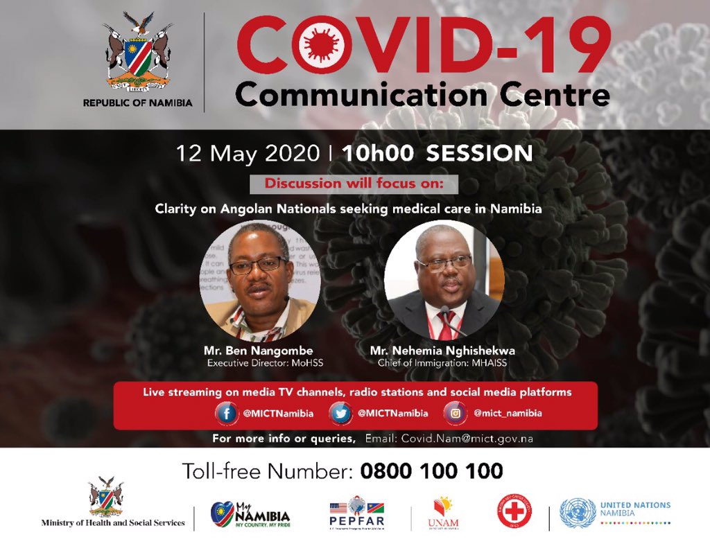 NNPCampaign's tweet photo. Join us tomorrow morning at 10h00.

Forward your questions or send queries BEFORE any of the sessions to Covid.Nam@mict.gov.na

#StayHomeStaySafe
#Covid19nam 
#LockdownNam
#mynamibiamycountrymypride https://t.co/NH6Bf5JyDF