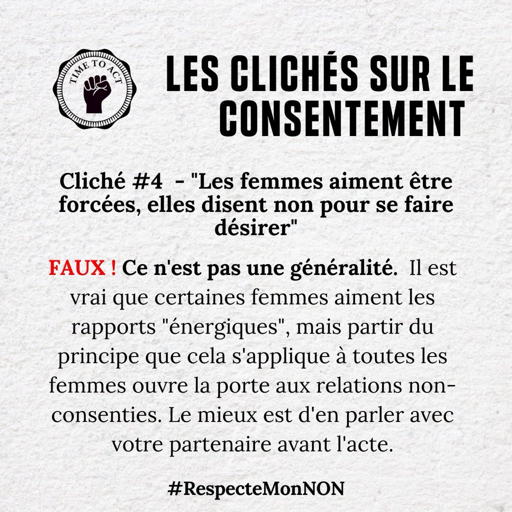 TimeToAct_'s tweet photo. #TTAExplique : Les femmes savent ce qu'elles veulent et ce qu'elles ne veulent pas. Soyez à l'écoute de leurs désirs, ne les forcez pas sous prétexte que " même si elles veulent elles ne le diront pas". Le consentement n'est pas facultatif. https://t.co/RARztAGJcO