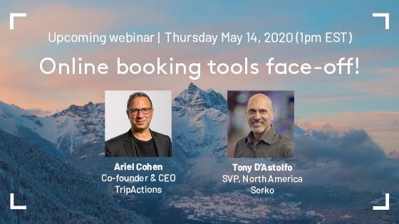 SerkoOnline's tweet photo. How does a post-COVID-19 return to business travel impact online booking tools? Join Serko's Managing Director NORAM Tony D'Astolfo, TripActions' Ariel Cohen and EAB's Steven Mandelbaum as they compare OBT models in an upcoming webinar. Register here: https://t.co/PlMsN6y8nT https://t.co/78FuCgx8aX