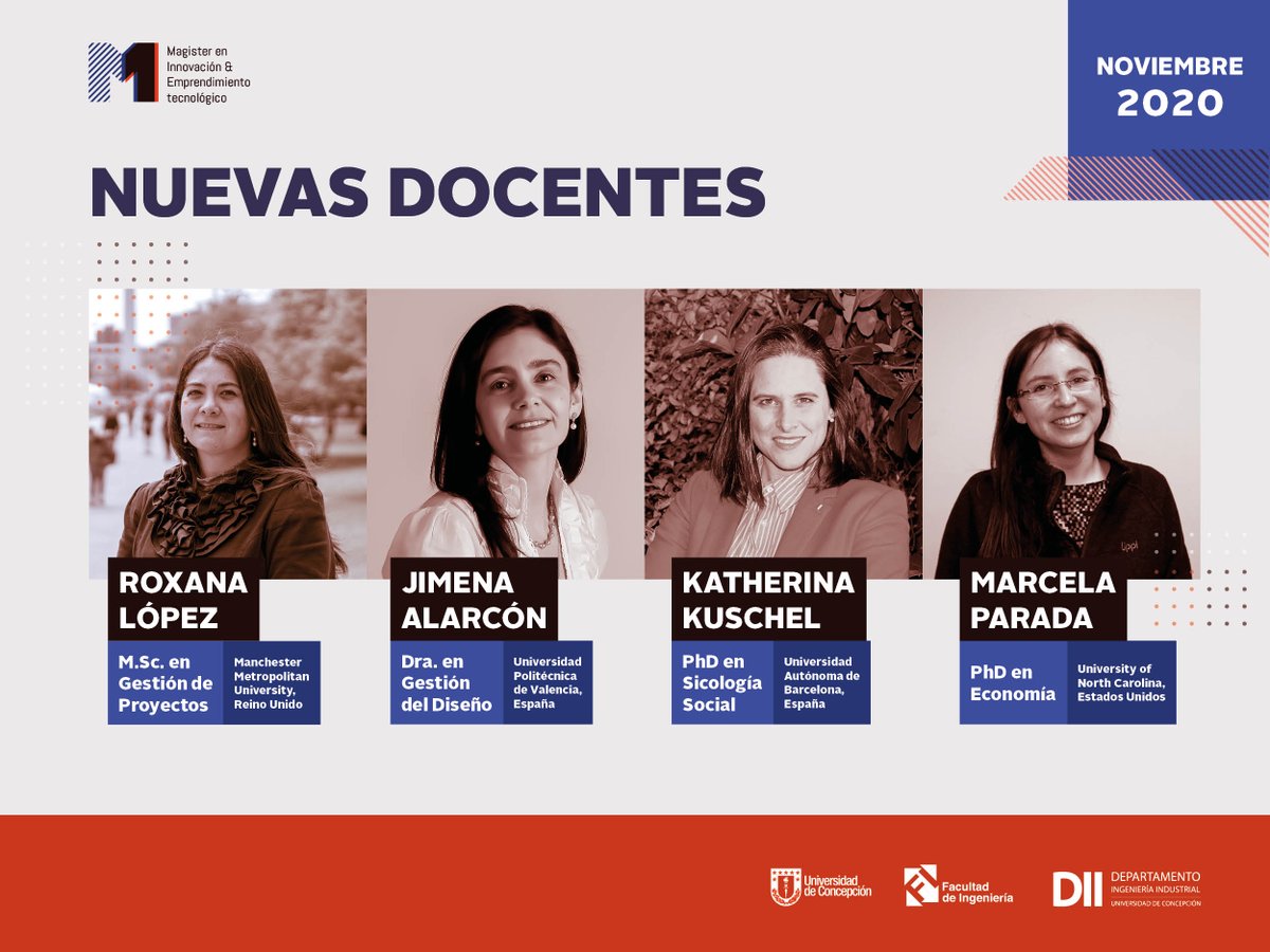 Les presentamos a las nuevas académicas que han llegado a fortalecer nuestro equipo docente: Expertas en temáticas de Gestión de Proyectos, Diseño, Ecosistemas de Innovación y Economía, respectivamente. 
Pronto les daremos más detalles.