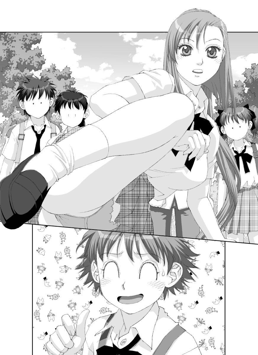 「ボクのふたつの翼」から、台詞フキダシ無し絵、その,38
この漫画はペン入れした原稿(線画)をスキャナーでMacに取り込んでPhotoshopで彩色から仕上までしています
消せる擬音は消していますが、ペン入れ段階から一緒に描いてて消せない擬音もあります(^^;; 