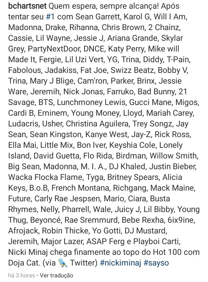 teaminajbrasil's tweet photo. Metade dessa lista de artistas com quem Nicki Minaj colaborou não tem #1, alguns deles alcançou o maior pico na Hot 100 com um feat com Nicki Minaj, mas claro, ela é necessita dos outros. https://t.co/ASdzpSbQ1X