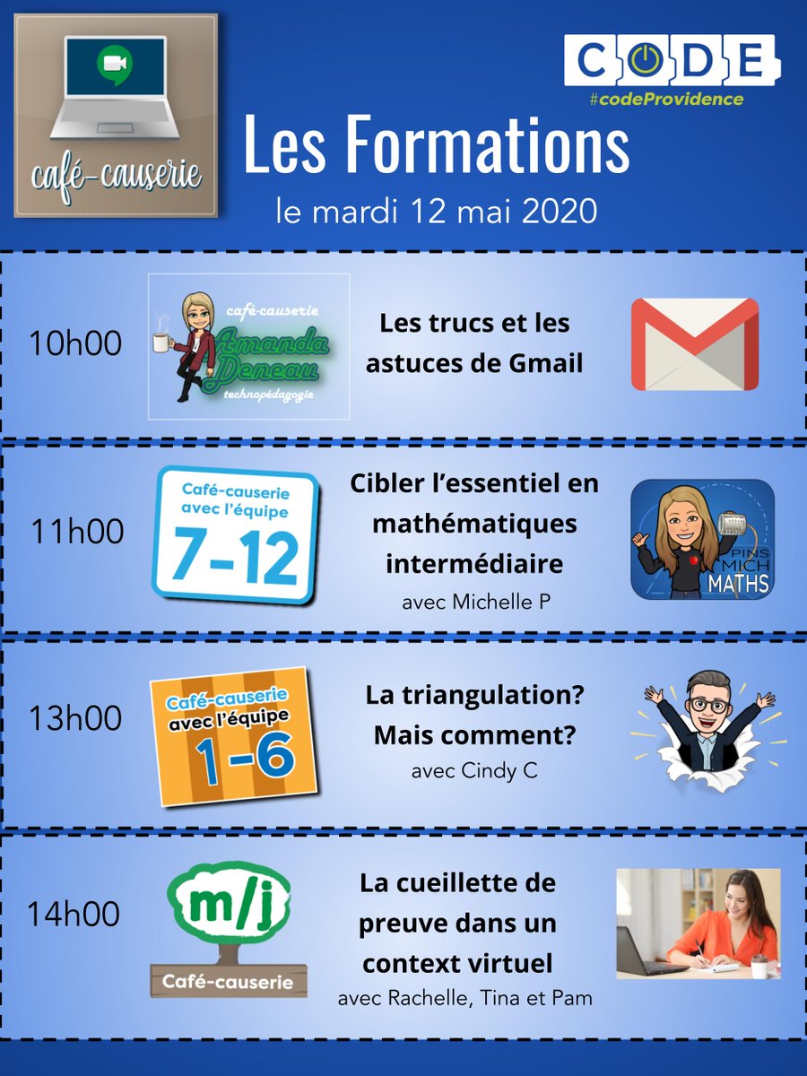 Rejoignez-nous demain pour nos formations via
<a href="/google_meet/">Google_Meet</a> <a href="/CscProvidence/">Csc Providence</a> #apprentissageàdistance #codeprovidence #çavabienaller