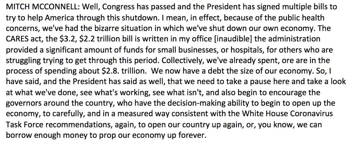 McConnell says we must "begin to encourage the governors around the country, who have the decision-making ability to begin to open up the economy, to carefully, and in a measured way consistent w/ the WH Coronavirus Task Force recommendations, again, to open our country up again"