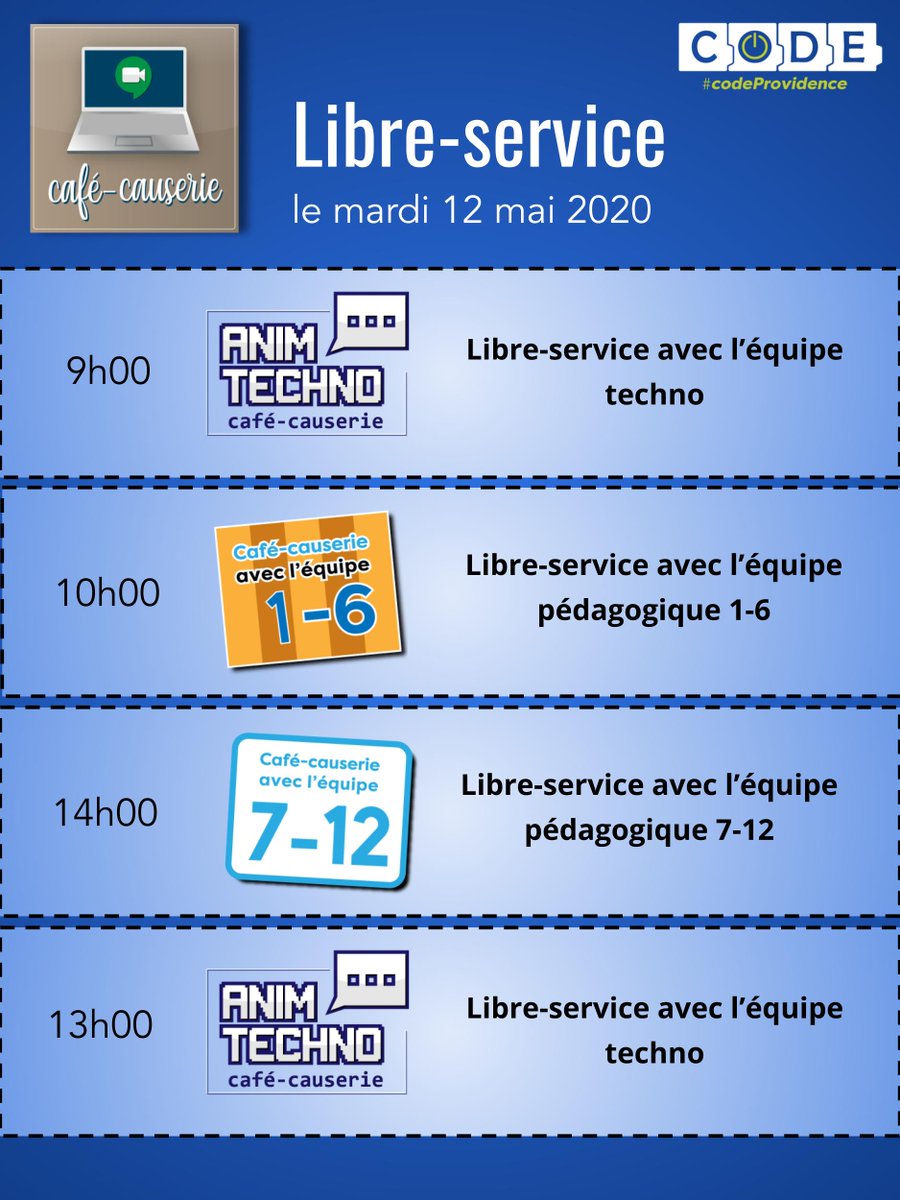 Avez-vous des questions? Rejoignez-nous demain durant les sessions ''libre-service'' via <a href="/google_meet/">Google_Meet</a>
 @CscProvidencem #apprentissageàdistance #codeprovidence #cavabienaller