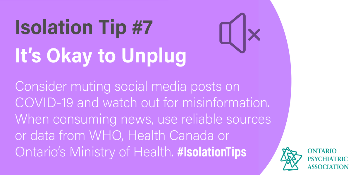 OntPsychAssoc's tweet image. It's okay to unplug and mute the news or social media for a while #IsolationTips #mentalhealth