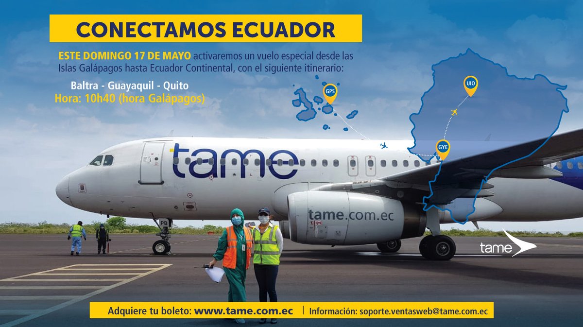 ¡Conectamos Ecuador! Adquiere tu boleto en tame.com.ec. Pasajeros deben registrarse en: bit.ly/regGPS para triaje médico, indispensable para el embarque. Toma precauciones, lleva puesto guantes, mascarilla y tu gel antibacterial. #TameContigo