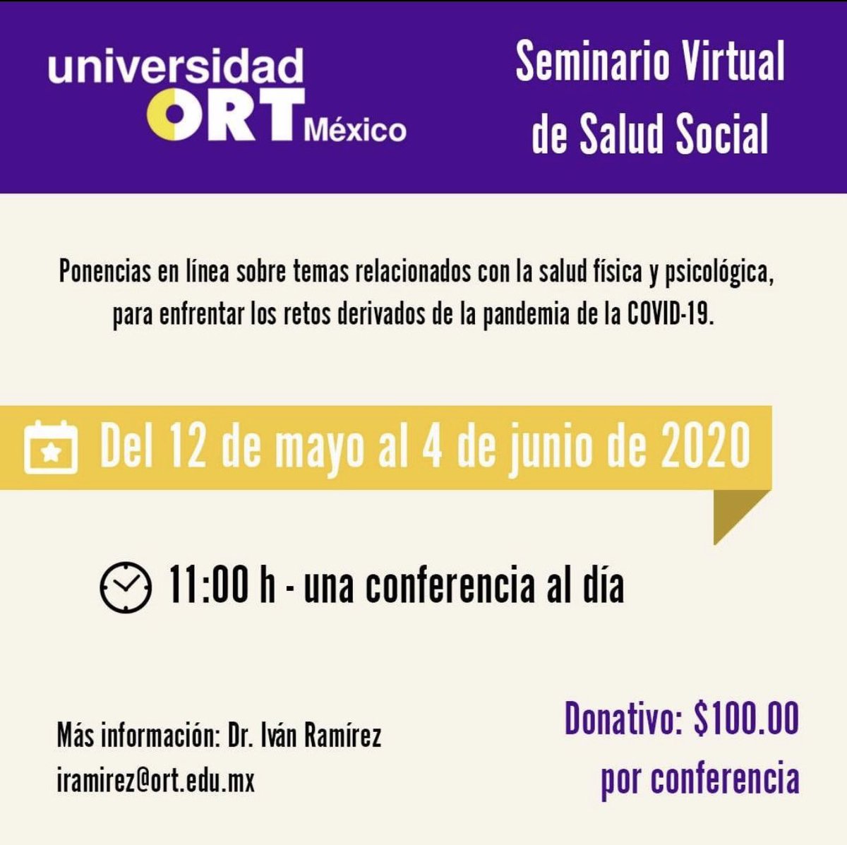 JAP_CDMX's tweet photo. @ORTMexico y la #JAPDF te invitan al Seminario Virtual de Salud Social
🗓 Del 12 de mayo al 4 de junio
⏰ 11 hrs
✉️ Más información: Dr. Iván Ramírez iramirez@ort.edu.mx
Regístrate en 👉🏻 https://t.co/if3cPmm5ph
#JAPDFContigo https://t.co/HGYwvkyguX