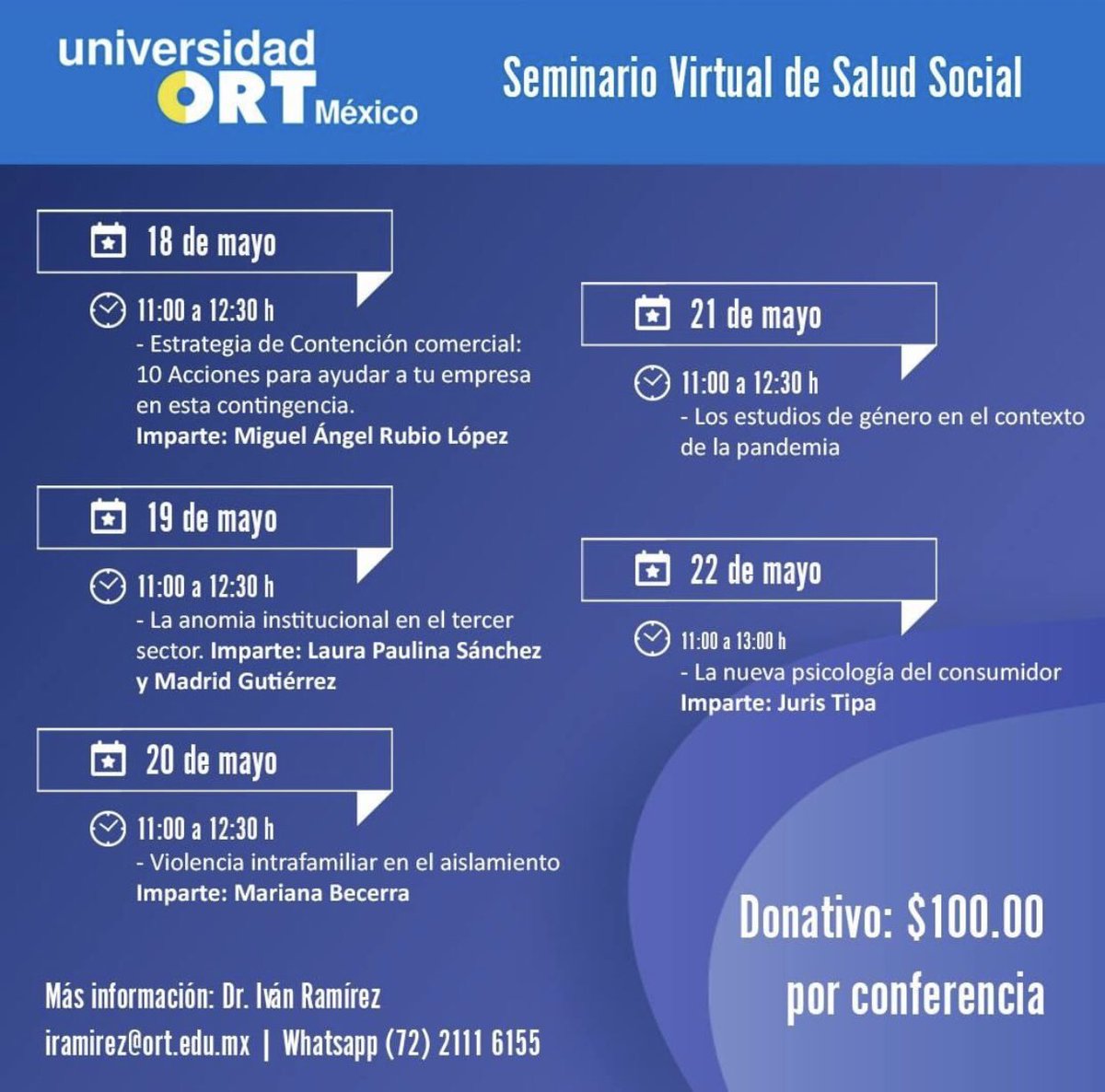 JAP_CDMX's tweet photo. @ORTMexico y la #JAPDF te invitan al Seminario Virtual de Salud Social
🗓 Del 12 de mayo al 4 de junio
⏰ 11 hrs
✉️ Más información: Dr. Iván Ramírez iramirez@ort.edu.mx
Regístrate en 👉🏻 https://t.co/if3cPmm5ph
#JAPDFContigo https://t.co/HGYwvkyguX
