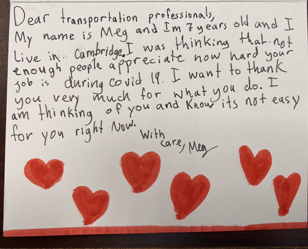carmensunion589's tweet photo. Wow, another beautiful note. This time from 7-year old Meg in Cambridge, MA. Thank you, Meg. Your note during this difficult time means a lot to our members. #Kindness #COVID19 #RidersFirst https://t.co/BXxTMi7npO