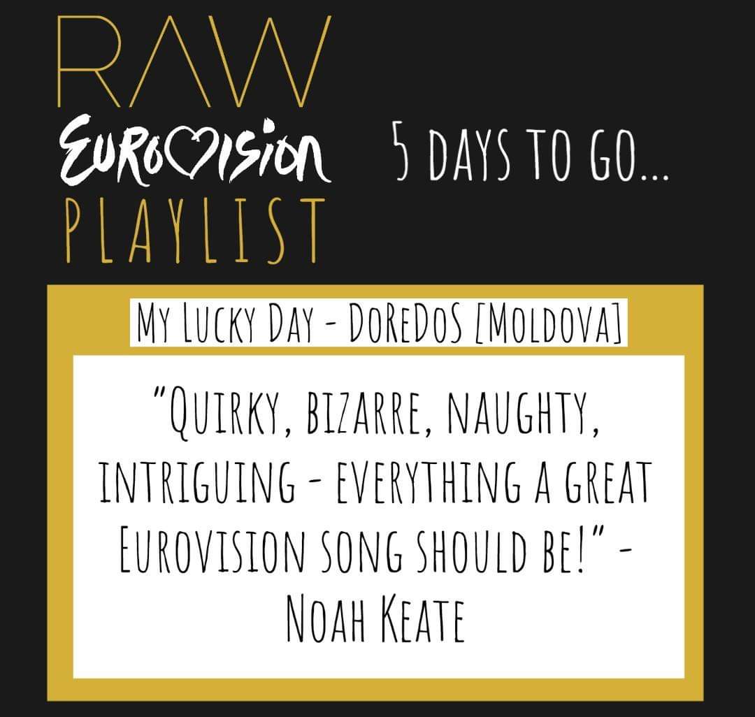 5 days to go...

Today's sneaky preview is 'My Lucky Day' by DoReDos, representing Moldova 🇲🇩 and requested by <a href="/NoahKeate/">Noah Keate</a>! 

Check it out here: open.spotify.com/track/0ThWw4Mt…

#Eurovision #Eurovision2020