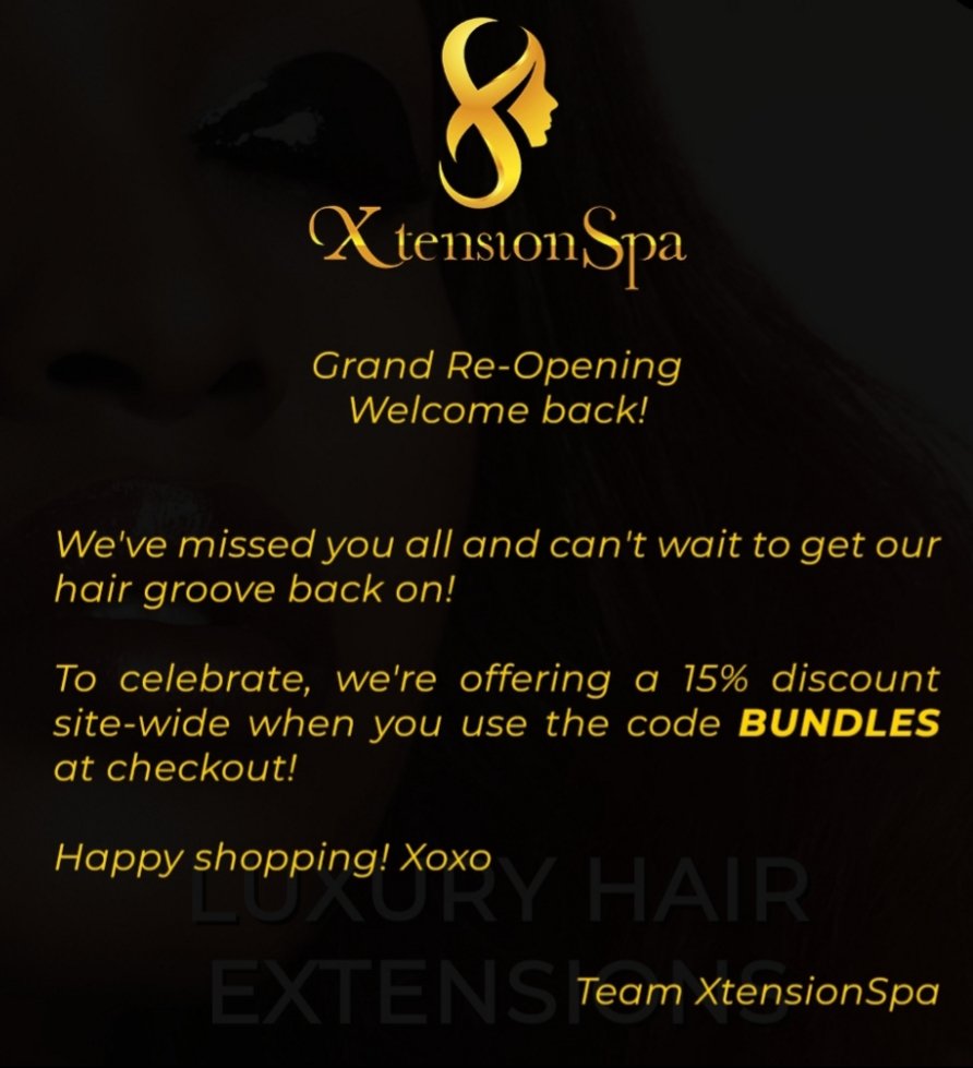 SpaXtension's tweet photo. We're BAAAACCK! Celebrate our Grand Reopening with a 15% off discount of your entire purchase when you use the code BUNDLES at check out! We're already getting tons of orders, so don't miss out!
https://t.co/HpKOY1eWBQ 

#hair #weave #hairextensions #xtensionspa #virginhair https://t.co/I073gqYMKg