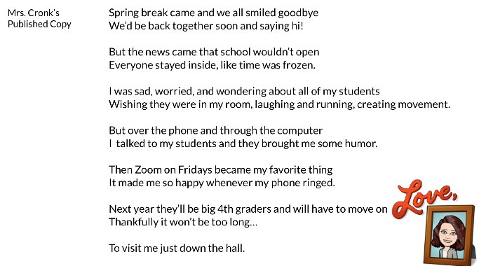 callie_cronk's tweet photo. Writing a sample piece of work for my teaching videos got me in my feels and I may have teared up writing this. ๐ขโค๏ธ๐ฏ @KirkElementary #KirkLearningatHome https://t.co/mqxmwV3vy7