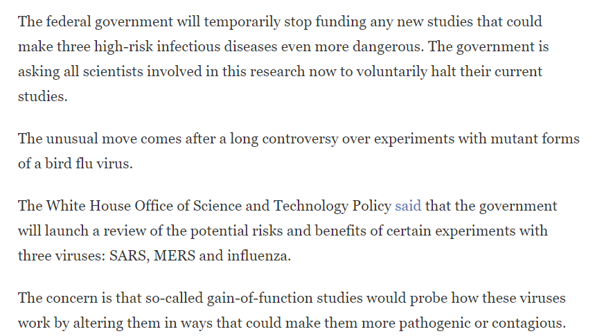 Well in this case he actually could blame Obama. In October 2014, Obama banned "gain-of-function" studies where researchers attempt to make a virus more deadly or contagious to then study how to fight it.Creating a recipe for disaster if it escapes the lab environment.