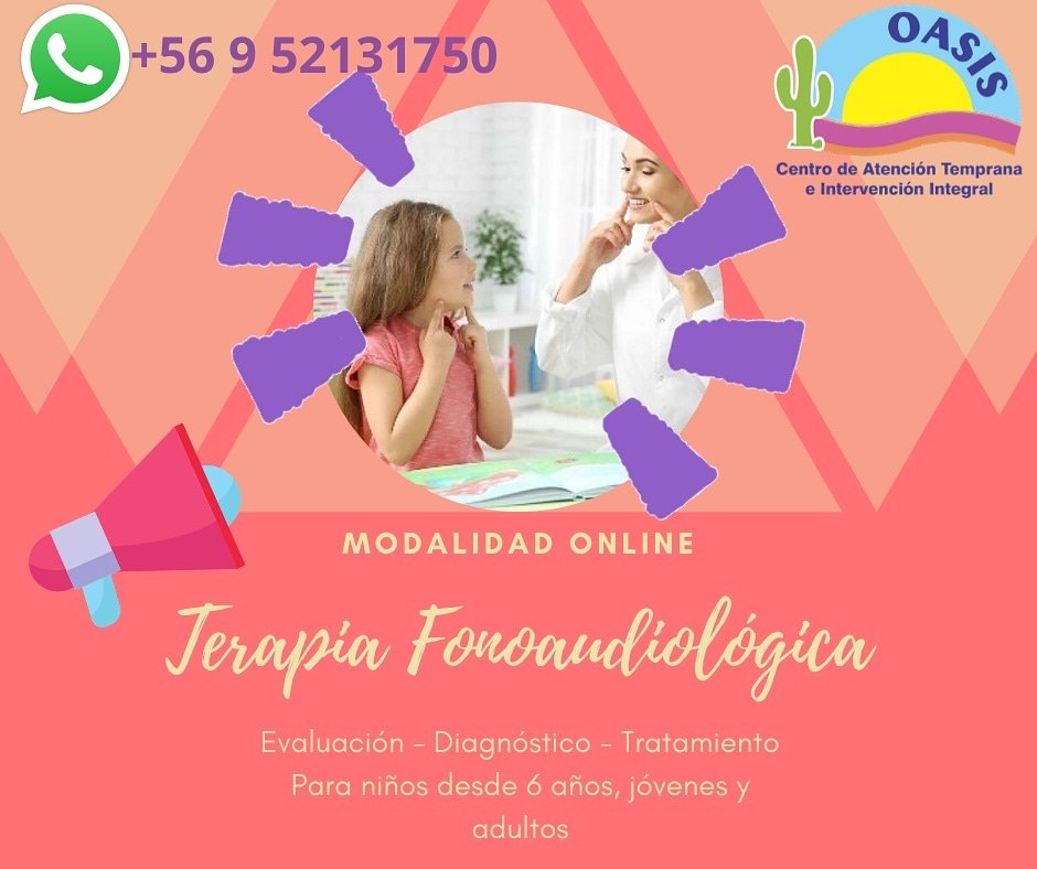 oasis_centro's tweet photo. Teleterapia Fonoaudiológica!!!! Con nuestra fonoaudiologa. Se ofrece evaluación, diagnóstico y tratamiento fonoaudiológico a niños desde 6 años, jóvenes y adultos. Para mayor información comuníquese al wsp 📲+56 952131750 o vía inbox. #CuidemonosEntreTodos #JuntosPodemosLograrlo https://t.co/Qcmj5NeO9i