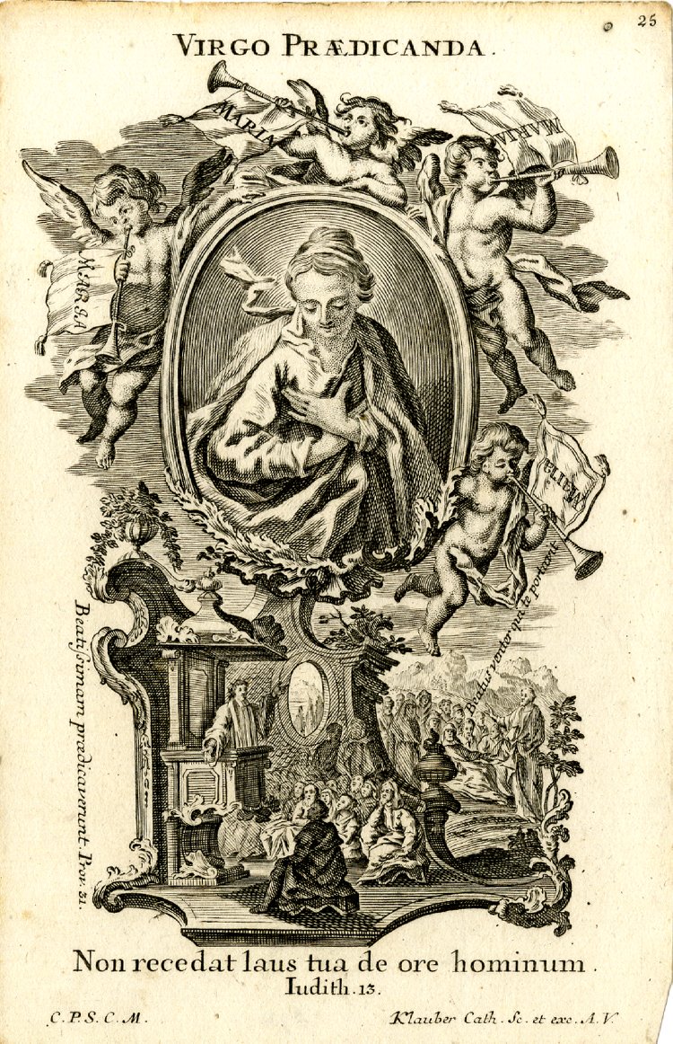 Virgo praedicanda, ora pro nobis.Virgin most renowned, pray for us.The Latin inscription reads:Non recedat laus tua de ore hominum.“Your praise will not disappear from the people’s lips” (Judith 13:25)