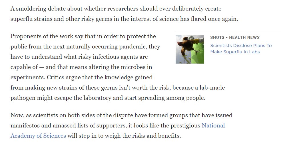 Before Obama ordered a ban on the research there was a fierce debate over it. The ban was meant to be temporary until protocols could be established to determine if the research was too risky versus the potential benefits. https://www.npr.org/sections/health-shots/2014/08/13/339854400/biologists-choose-sides-in-safety-debate-over-lab-made-pathogens