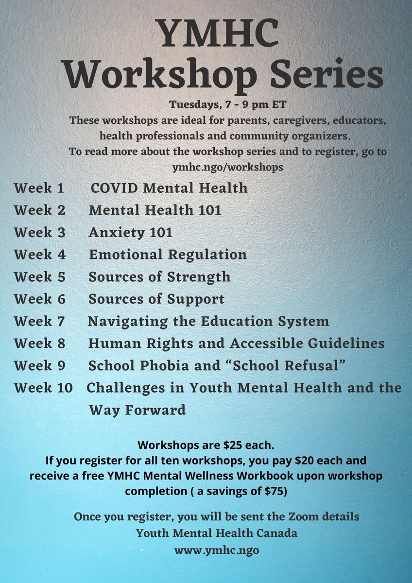 Please SHARE/RT: #youthmentalhealth #mentalhealth workshop series from Tuesday, May 29 at 7 pm ET on #COVID19 & #mentalhealth #anxiety #depression #emotionalregulation #copingwithcovid19 #resilience #humanrights #accessibleeducation #schoolphobia #schoolrefusal #intersectionality