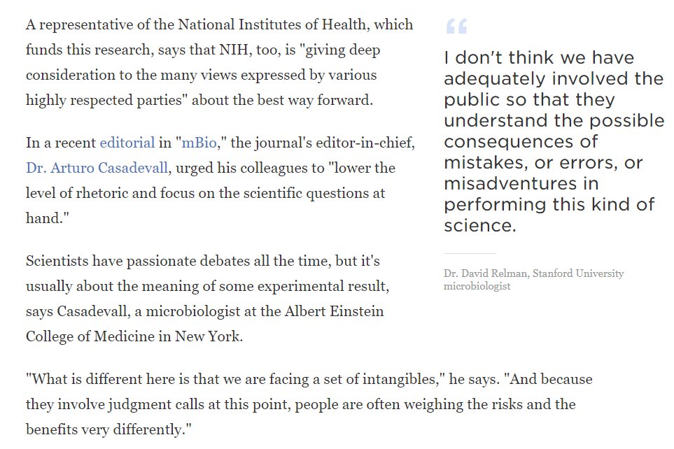 Before Obama ordered a ban on the research there was a fierce debate over it. The ban was meant to be temporary until protocols could be established to determine if the research was too risky versus the potential benefits. https://www.npr.org/sections/health-shots/2014/08/13/339854400/biologists-choose-sides-in-safety-debate-over-lab-made-pathogens