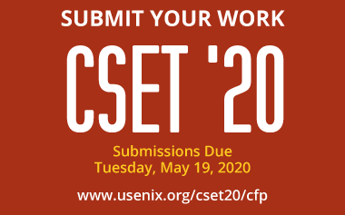 USENIXSecurity's tweet photo. One week left to submit your papers for the 13th USENIX Workshop on Cyber Security Experimentation and Test! Submissions are due Tuesday, May 19. More info: https://t.co/mdk2eujkF8 #cset20 #cybersecurity https://t.co/03JTrEhWrv