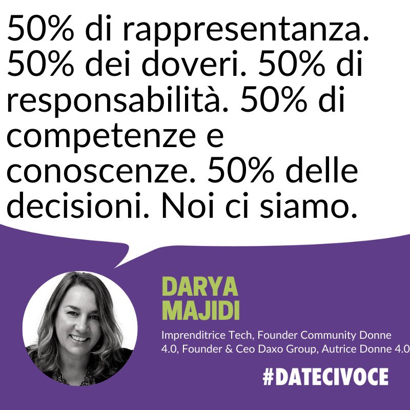 datecivoce's tweet photo. 50% di rappresentanza. 50% dei doveri. 50% di responsabilità. 50% di competenze e conoscenze. 50% delle decisioni. Noi ci siamo.

Darya Majidi è una delle prime firmatarie di #DateciVoce https://t.co/5xm7M2UKt5