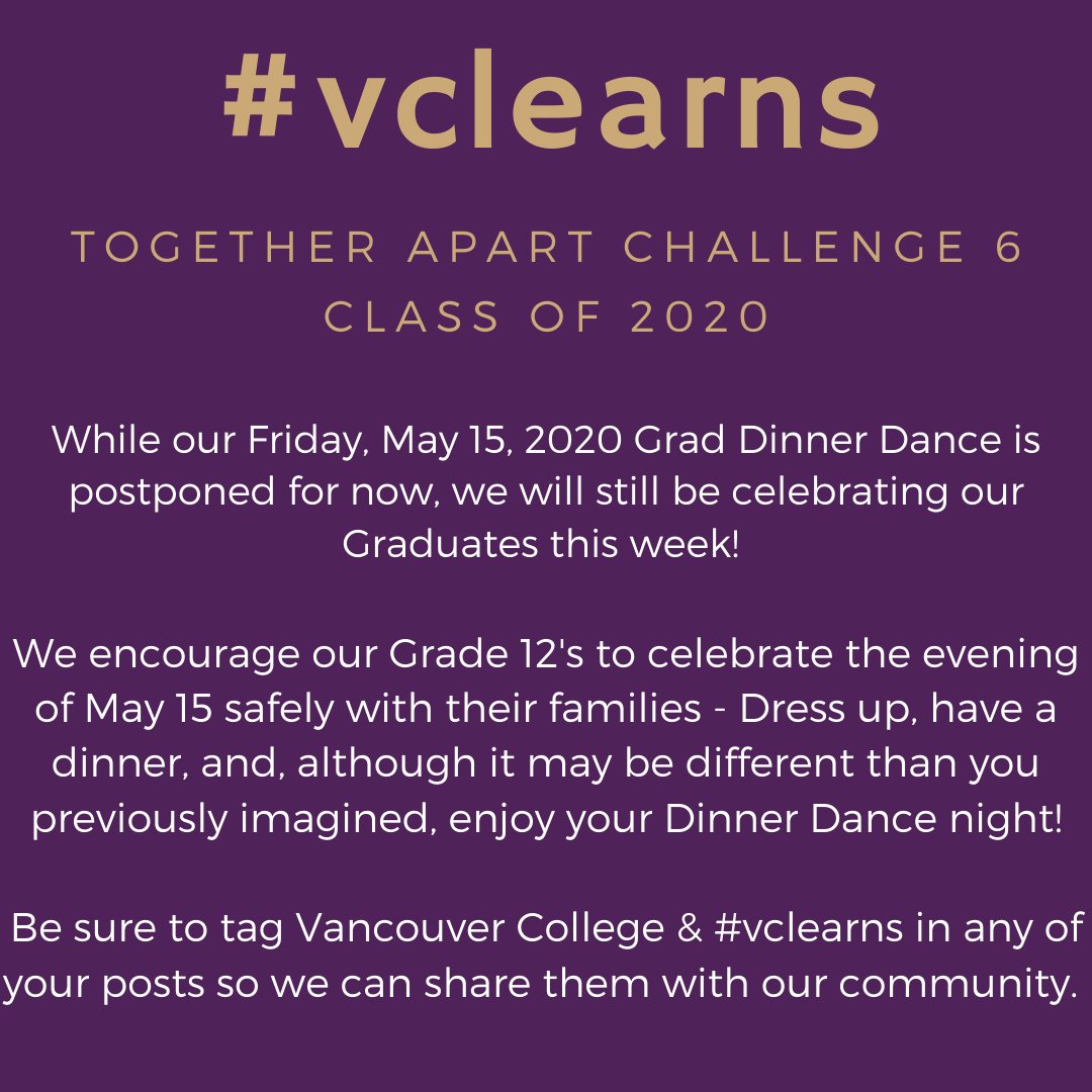 Since VC's campus closed, we have been sharing weekly community challenges to show we can still be together, even though we may be physically apart. Our 6th challenge celebrates our Grads &amp; what would have been the week of their Dinner Dance. Stay tuned this Friday for more!🧑‍🎓