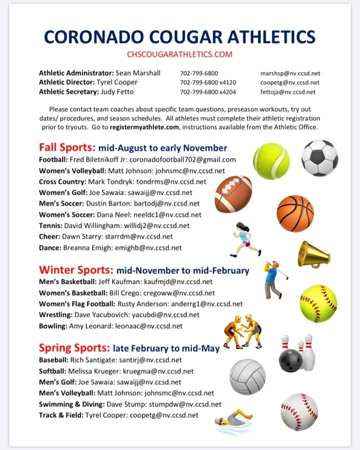 1001Coronado's tweet photo. Cougars interested in sports for the upcoming year should begin contacting their coaches for information as updates become available. Don't forget to follow them on social media! https://t.co/hwFITos7cJ